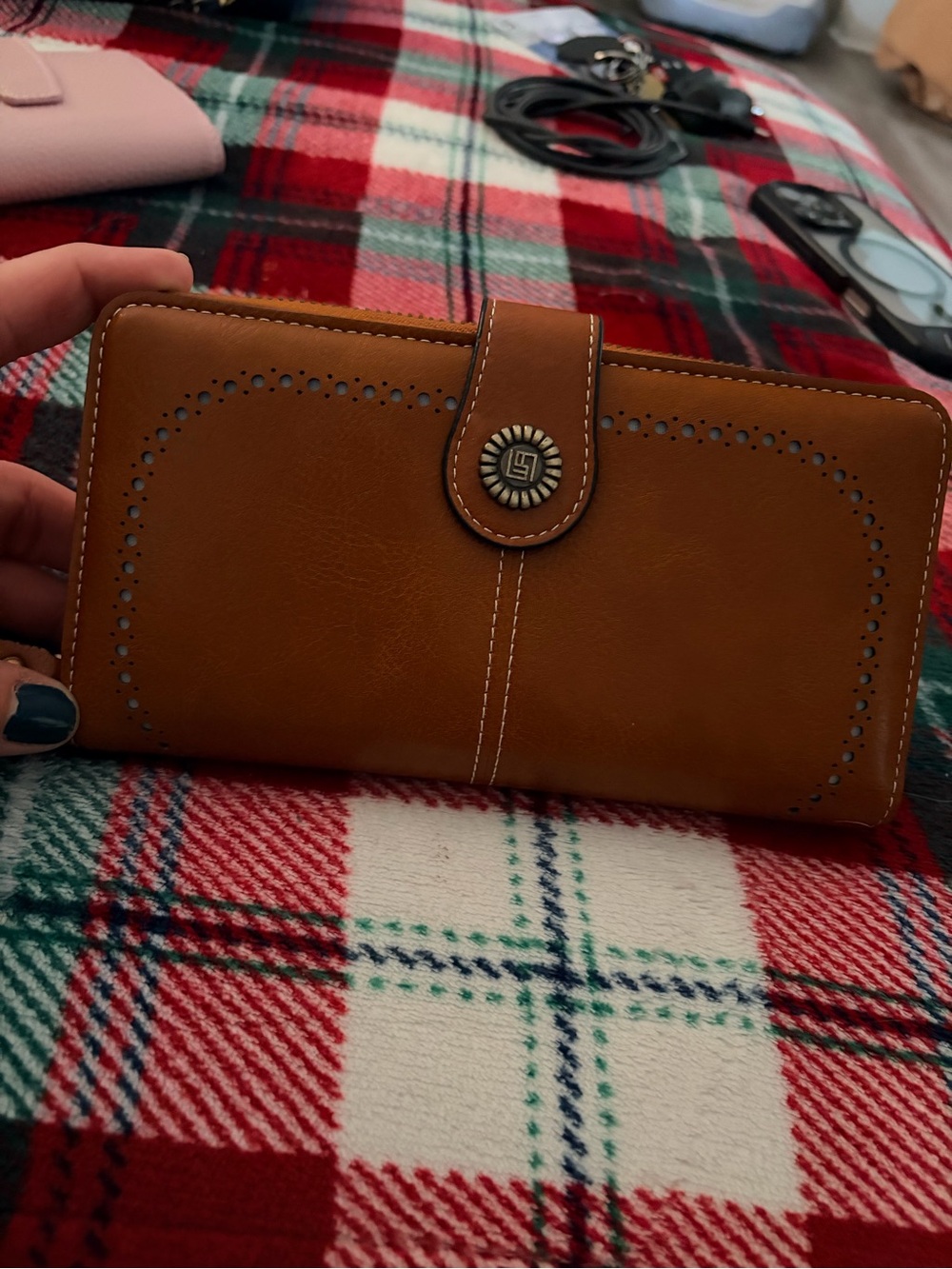 Tan Leather Wallet with Decorative Stitching